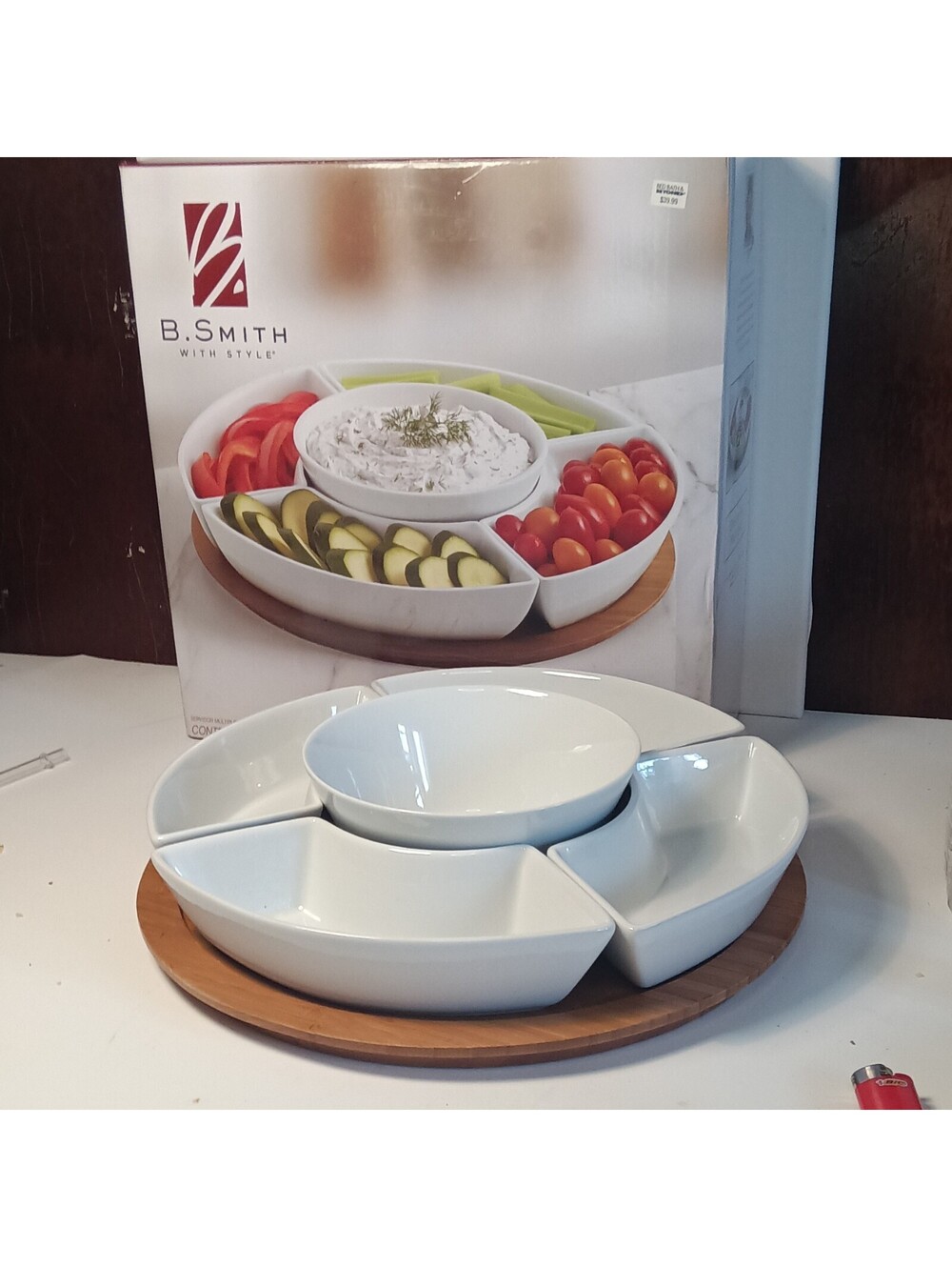 B. Smith 7-Piece Bamboo Serving Tray w/ 5-Compartment Porcelain Bowls NIB